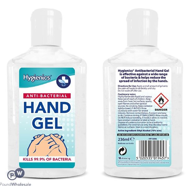 HYGIENICS ANTI-BACTERIAL 70% ALCOHOL HAND GEL SANITISER 236ML