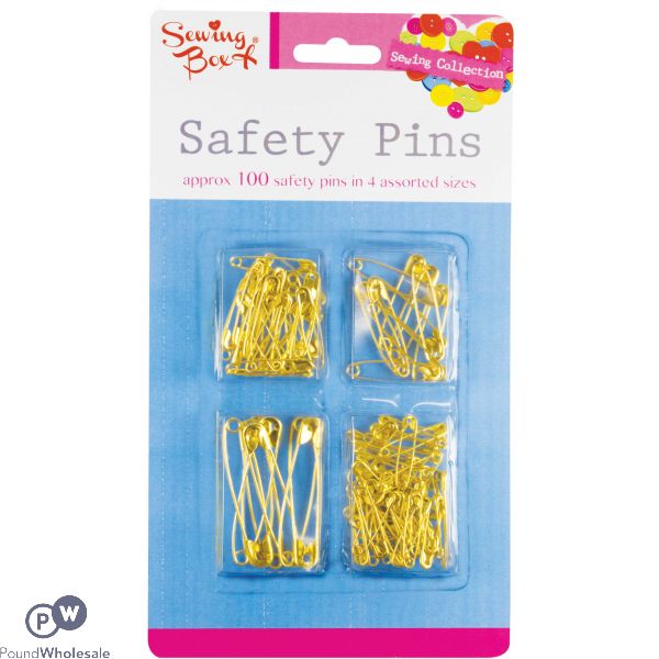 SEWING BOX GOLD SAFETY PINS ASSORTED SIZES 100PC