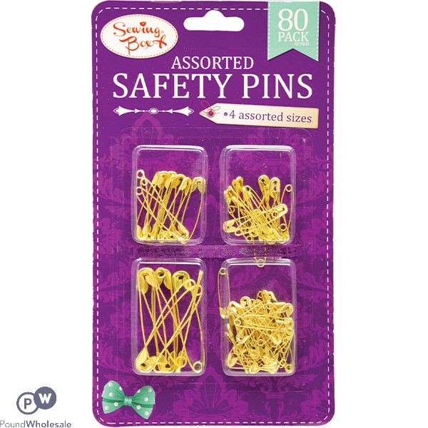 SEWING BOX GOLD SAFETY PINS ASSORTED SIZES 80PC