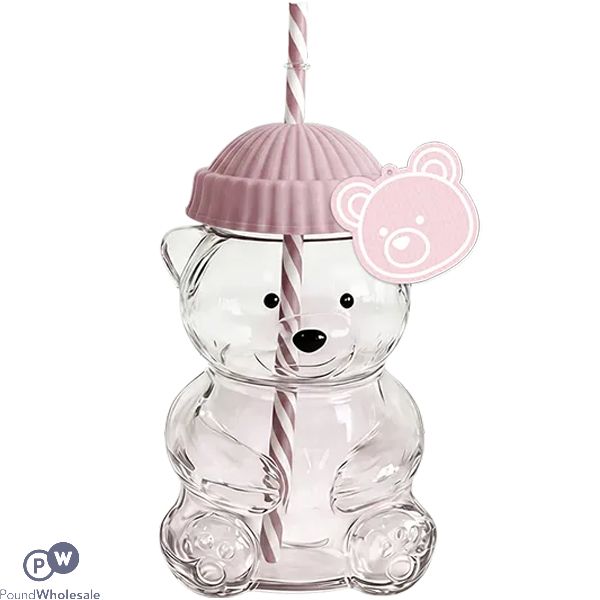 Cooke & Miller Plastic Pink Bear Drinking Cup With Straw 500ml