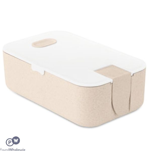 WHEAT STRAW PP WHITE & BEIGE LUNCH BOX WITH PHONE STAND