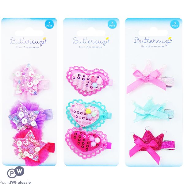 Buttercup Hearts, Stars And Crowns Girl's Hair Clips 3 Pack Assorted