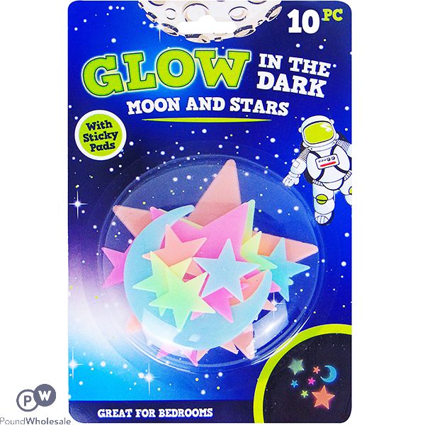Assorted Colour Glow In The Dark Moon & Stars 10pc