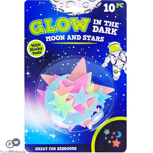 ASSORTED COLOUR GLOW IN THE DARK MOON & STARS 10PC