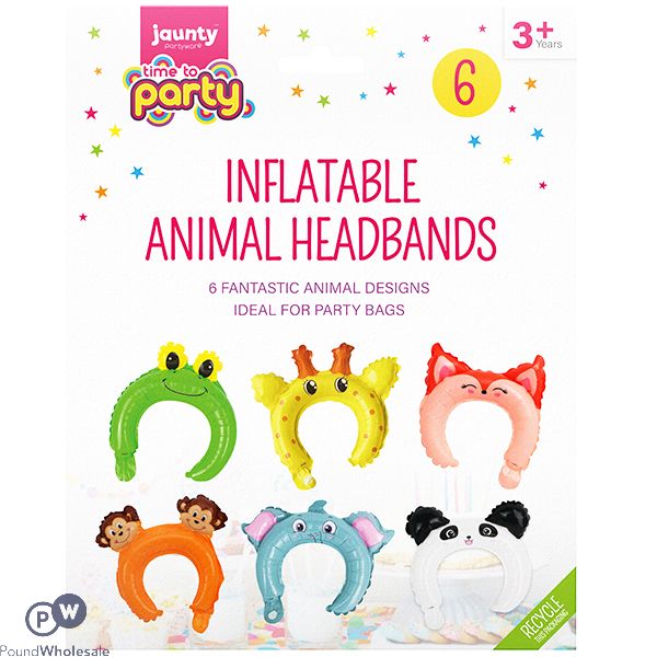 JAUNTY PARTYWARE ASSORTED INFLATABLE ANIMAL HEADBANDS 6 PACK