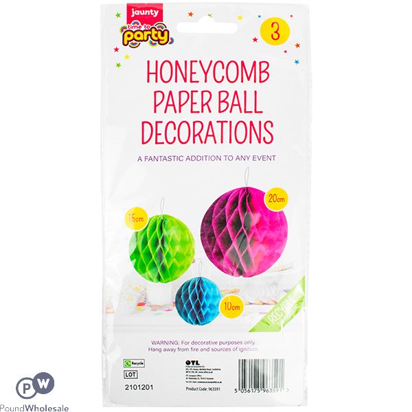 JAUNTY PARTYWARE HONEYCOMB PAPER BALL DECORATIONS 3 PACK