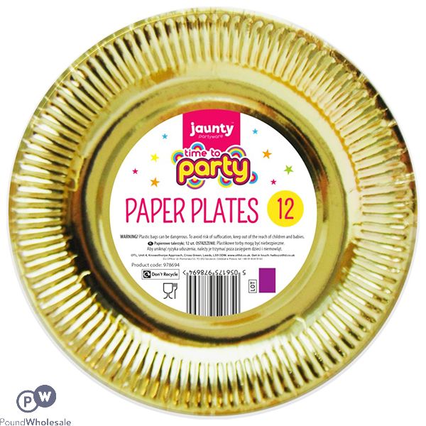 JAUNTY PARTYWARE TIME TO PARTY GOLD PAPER PLATES 9" 12 PACK