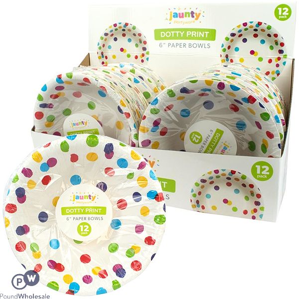 Jaunty Coloured Dotty Print Paper Bowls 6" 12 Pack Cdu