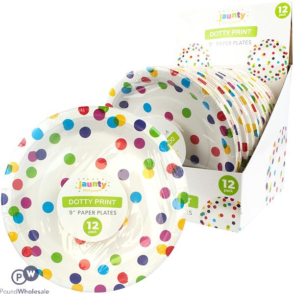 Jaunty Coloured Dotty Print Paper Plates 9" 12 Pack Cdu