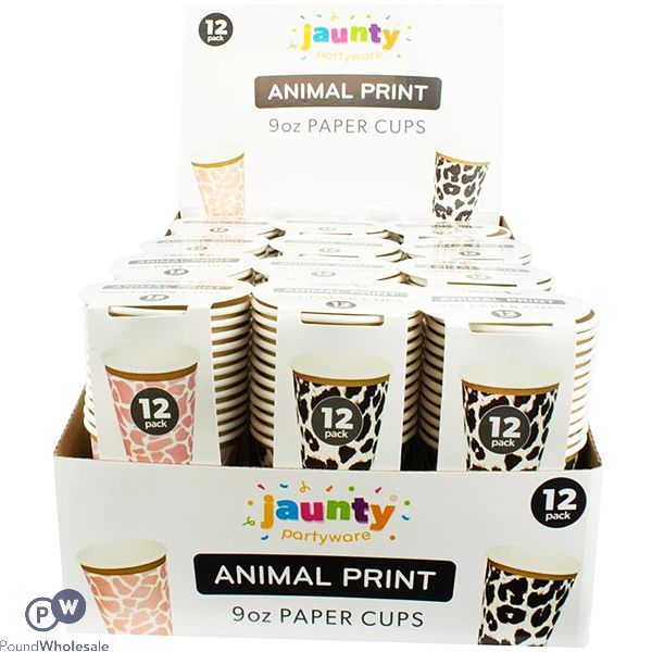 Jaunty 9oz Leopard Print Paper Cups 12pc Cdu Assorted Colours