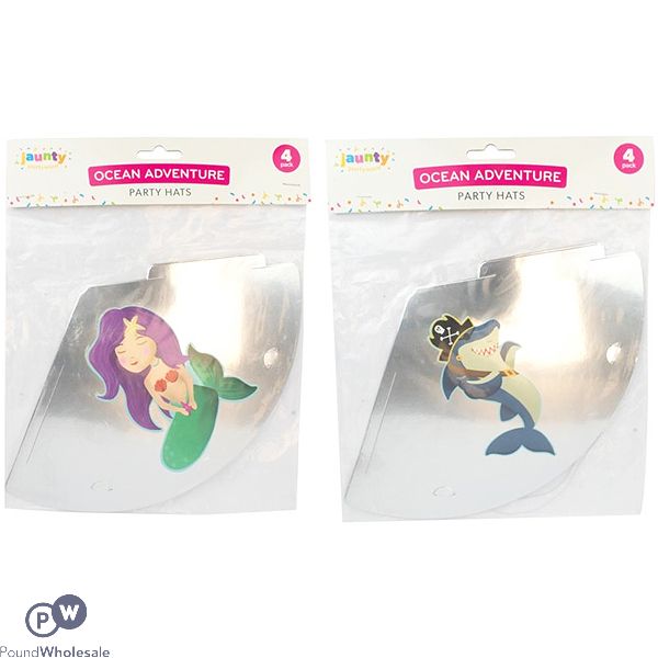 Jaunty 6" Ocean Adventure Shark & Mermaid Metallic Silver Party Hats 4 Pack Assorted