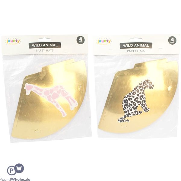 Jaunty 6" Metallic Gold Wild Animal Leopard & Giraffe Party Hats 4 Pack Assorted