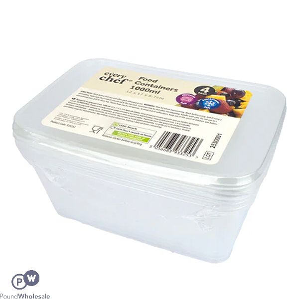 Every Chef Plastic Food Containers 1000ml 12cm X 17cm X 6.7cm 4 Pack