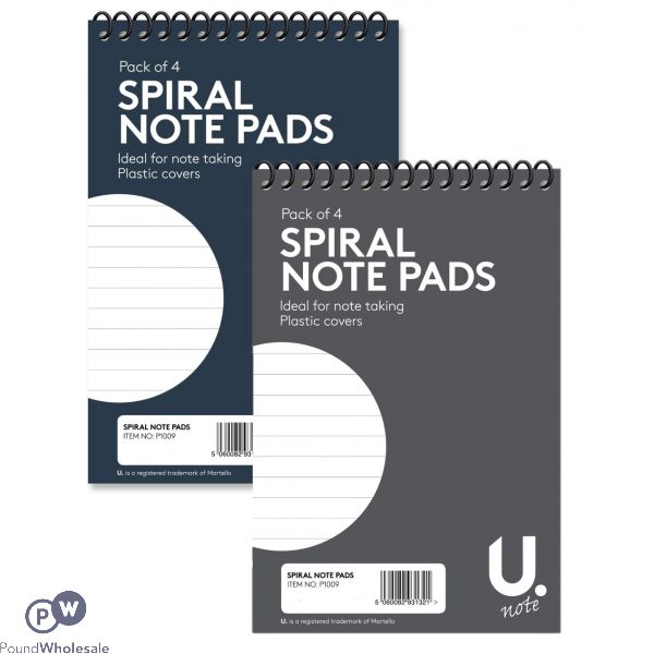 U. Spiral Note Pads 2 Assorted Colours 6" X 4" 4 Pack