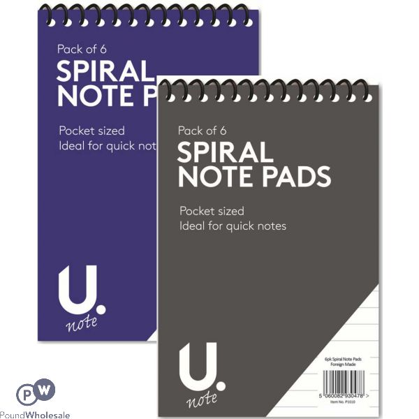 U. Spiral Notepads 5" X 3" 6 Pack Assorted Colours