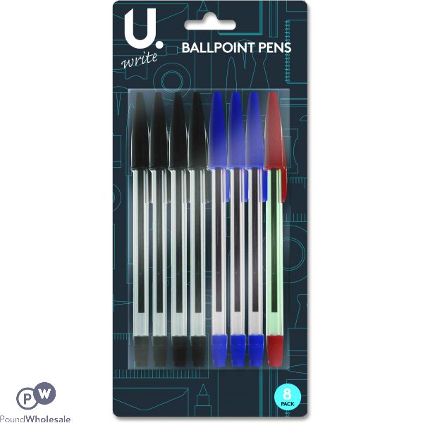 U. Ballpoint Pens Assorted Colours 8pk