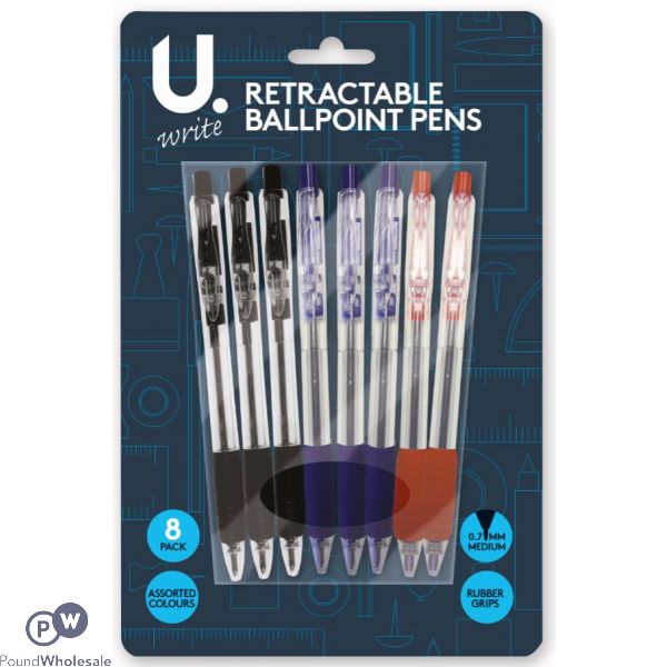 U. Retractable Ballpoint Pens Assorted Colours 8 Pack