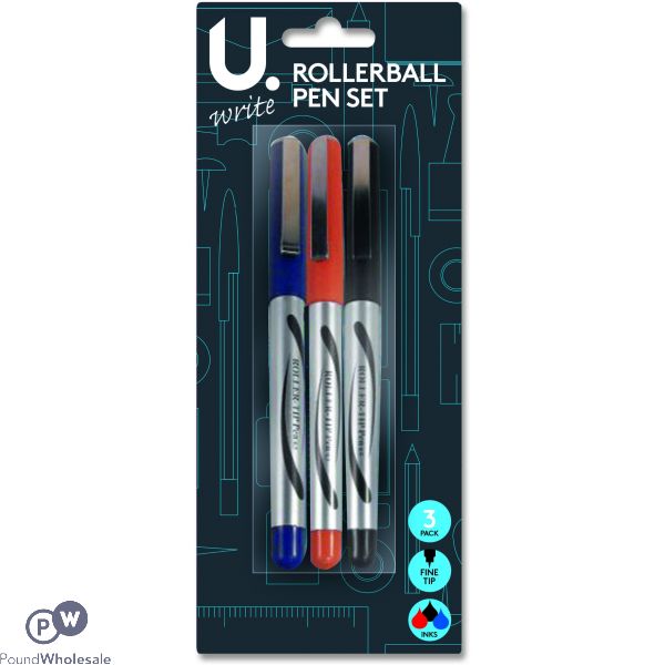 U. Assorted Colour Rollerball Pen Set 3 Pack