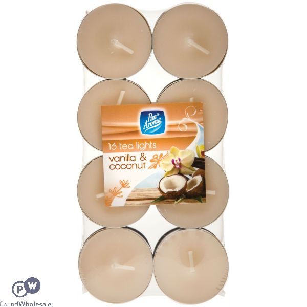 PAN AROMA COLOUR TEA LIGHTS VANILLA & COCONUT 16-PACK