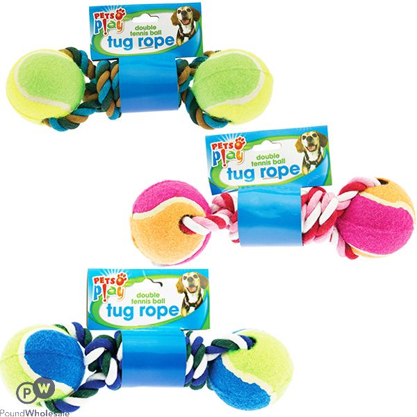 PETS PLAY DOUBLE TENNIS BALL TUG ROPE DOG TOY ASSORTED COLOURS