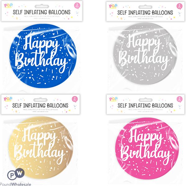 Pop Metallic Self-Inflating Happy Birthday Balloon 2 Pack Assorted Colours