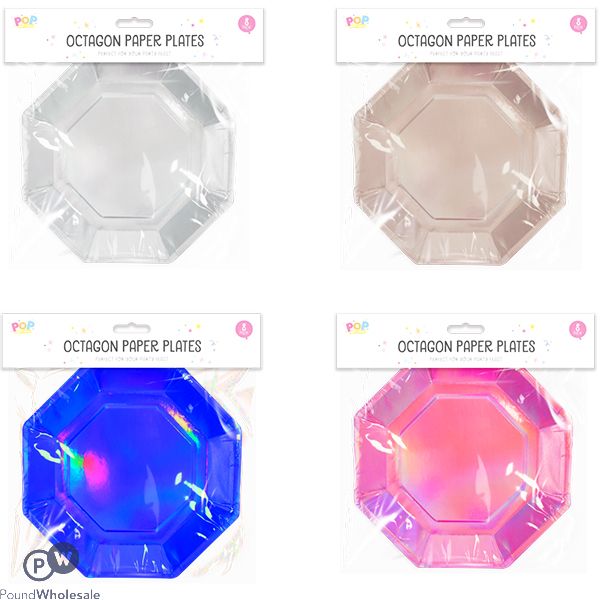 POP METALLIC OCTAGON PAPER PLATES 8 PACK ASSORTED COLOURS