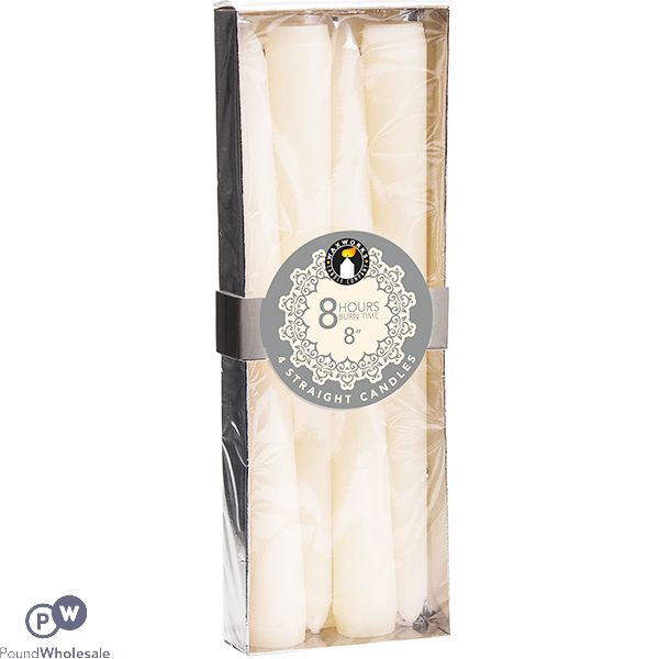 WAXWORKS WHITE 8 HOUR STRAIGHT CANDLE 8" 4 PACK