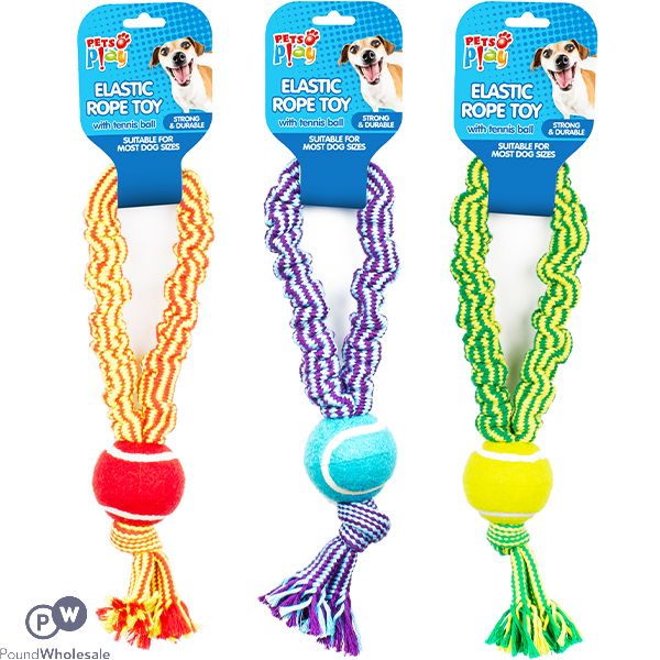 PETS PLAY ELASTIC ROPE TENNIS BALL DOG TOY ASSORTED