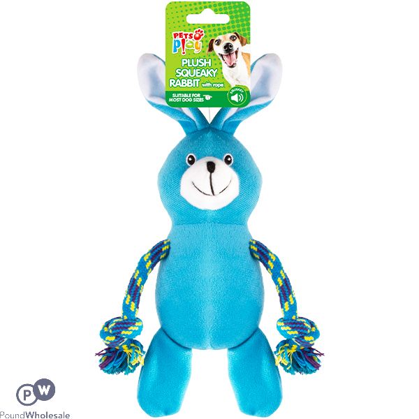 PETS PLAY PLUSH SQUEAKY RABBIT WITH ROPE DOG TOY