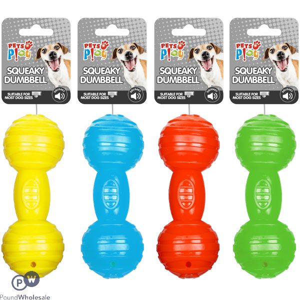 Pets Play Squeaky Ribbed Dumbbell Dog Toy Assorted Colours