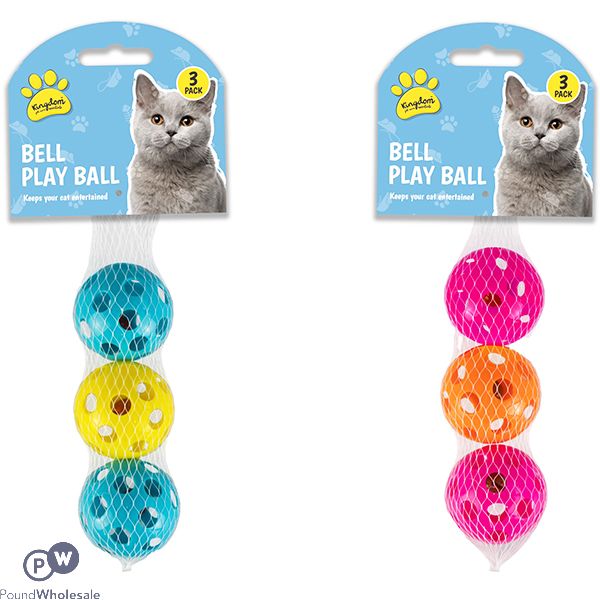 KINGDOM JINGLE BELL PLAY BALL CAT TOYS 3 PACK ASSORTED COLOURS