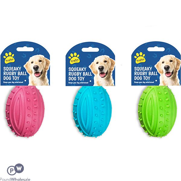 KINGDOM RUBBER SQUEAKY RUGBY BALL DOG TOY ASSORTED COLOURS