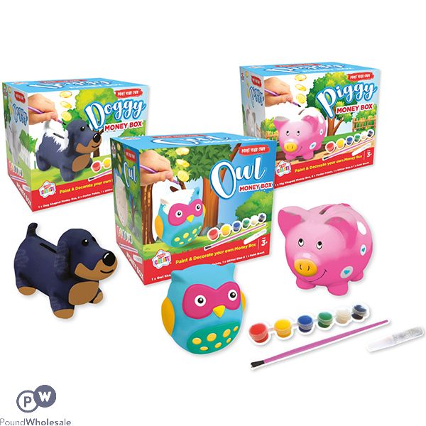 KIDS CREATE PAINT YOUR OWN MONEY BOX 3 ASSORTED DESIGNS