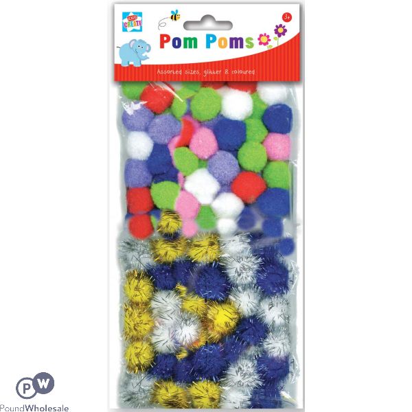 Kids Create Pom Poms Assorted Sizes, Glitter & Coloured