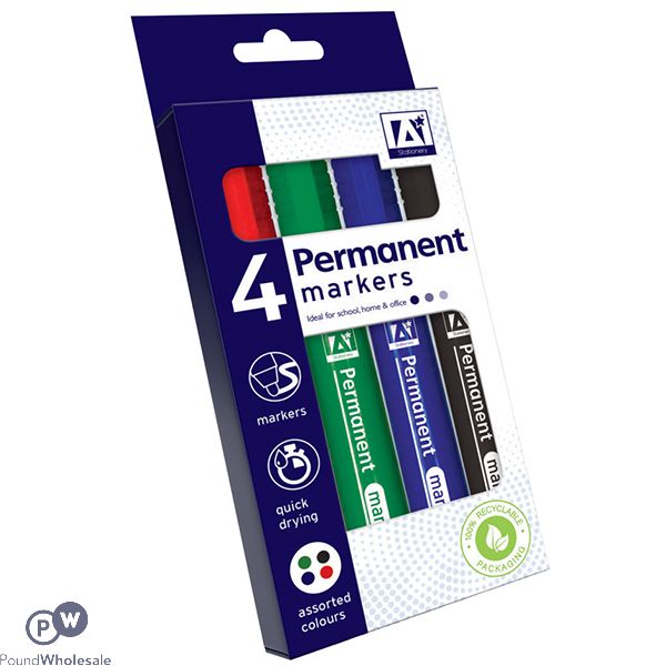 PERMANENT MARKERS ASSORTED COLOURS 4 PACK