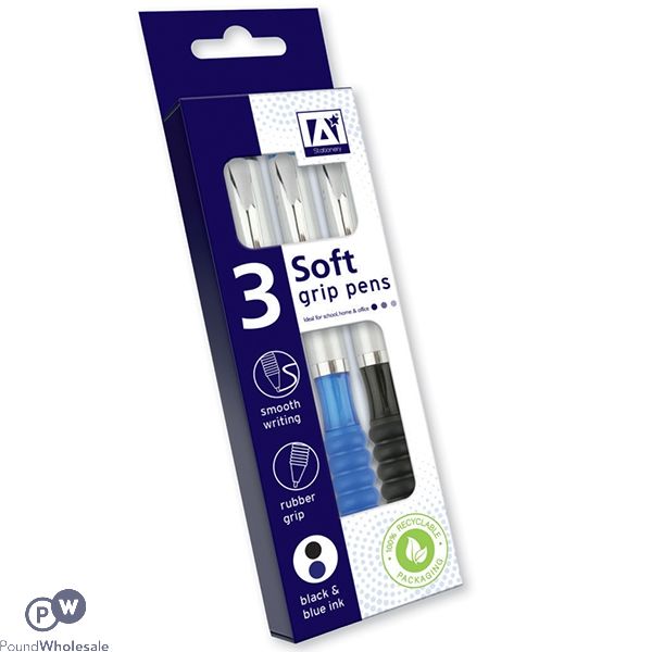 SOFT GRIP PENS ASSORTED COLOURS 3 PACK