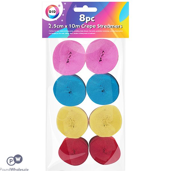 DID Crepe Streamers Assorted Colours 2.5cm X 10m 8pc