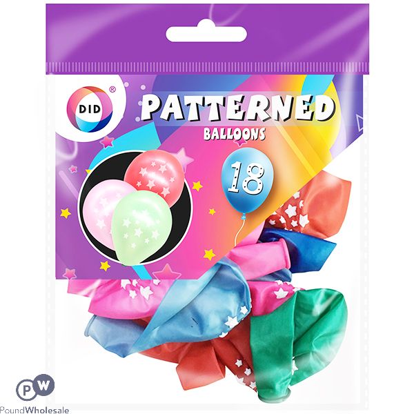 DID Star Patterned Balloons Assorted Colours 18 Pack