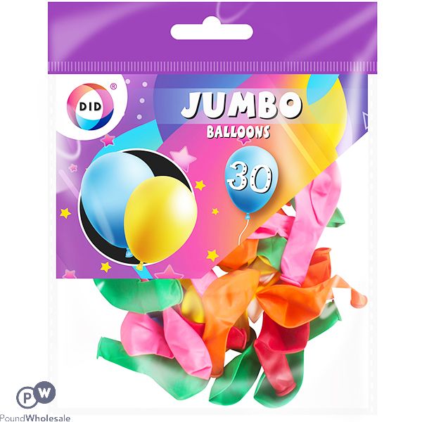 DID JUMBO BALLOONS ASSORTED COLOURS 30 PACK