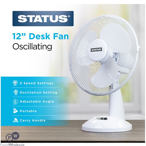 Status Oscillating 12" White Desk Fan