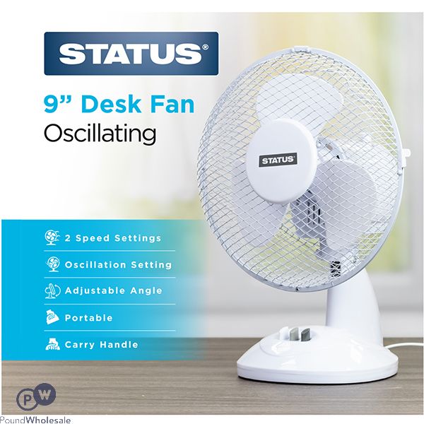Status 9" Two-speed Oscillating White Desk Fan 