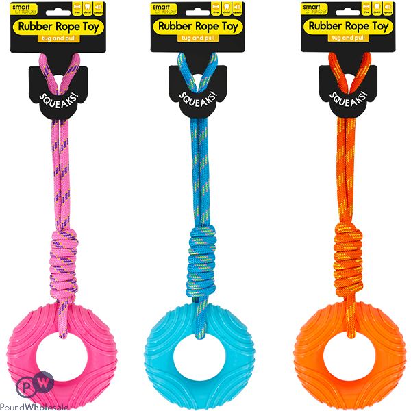 Smart Choice Squeaky Rubber Ring & Rope Dog Toy 44cm Assorted Colours