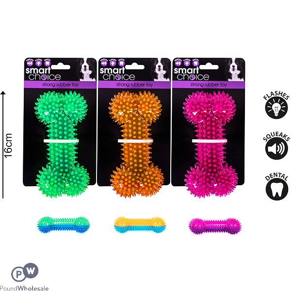 Smart Choice Flashing Squeaky Rubber Spiky Bone Dog Toy Assorted Colours