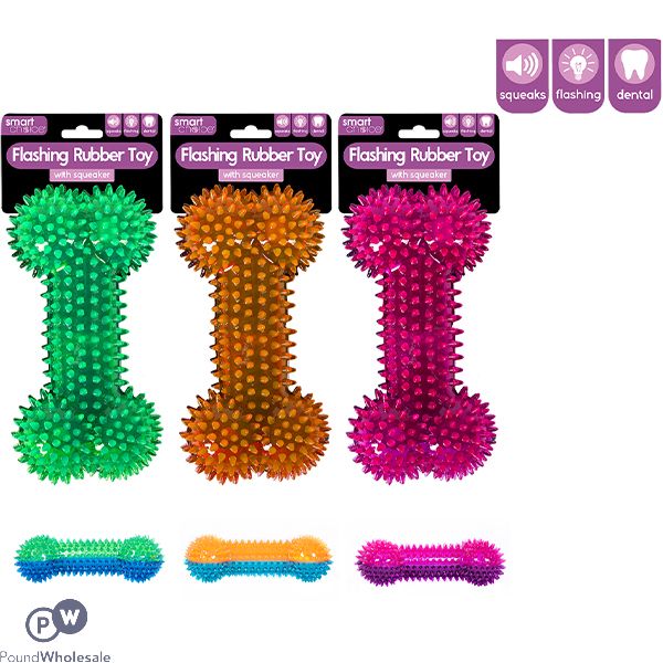 Smart Choice Flashing Squeaky Rubber Spiky Bone Dog Toy Assorted Colours