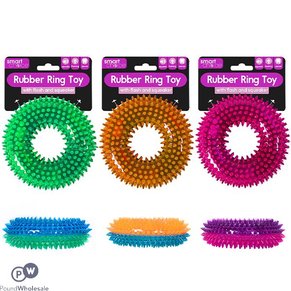 Smart Choice Flashing Squeaky Rubber Spiky Ring Dog Toy Assorted Colours