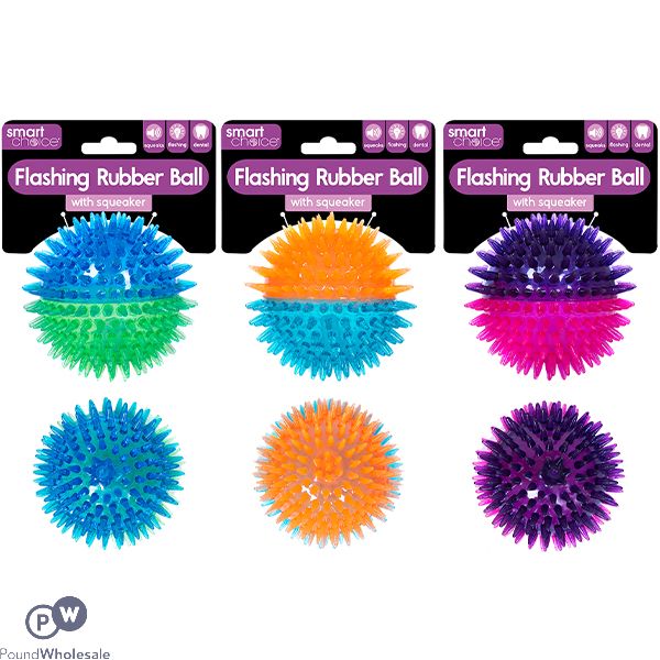 Smart Choice Flashing Squeaky Rubber Spiky Ball Dog Toy Assorted Colours