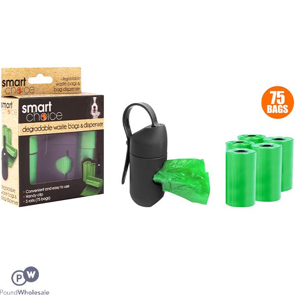 SMART CHOICE DEGRADABLE DOG POOP BAGS & DISPENSER 5 PACK