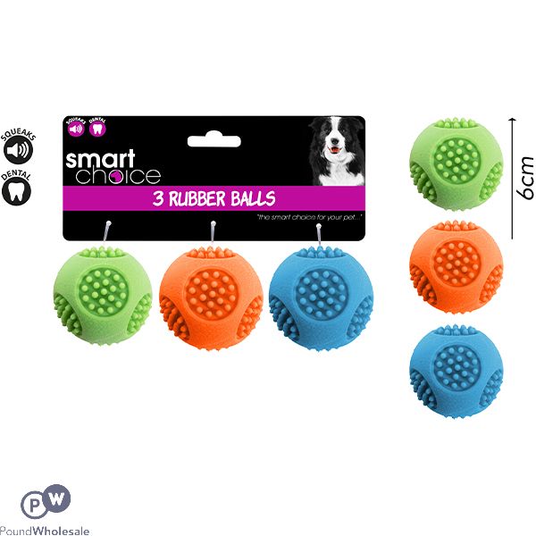 SMART CHOICE ASSORTED COLOUR SQUEAKY RUBBER BALLS 3 PACK