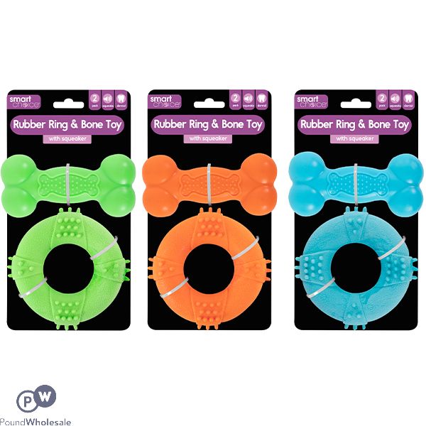 Smart Choice Strong Rubber Ring & Bone Dog Toy 2pc Assorted Colours