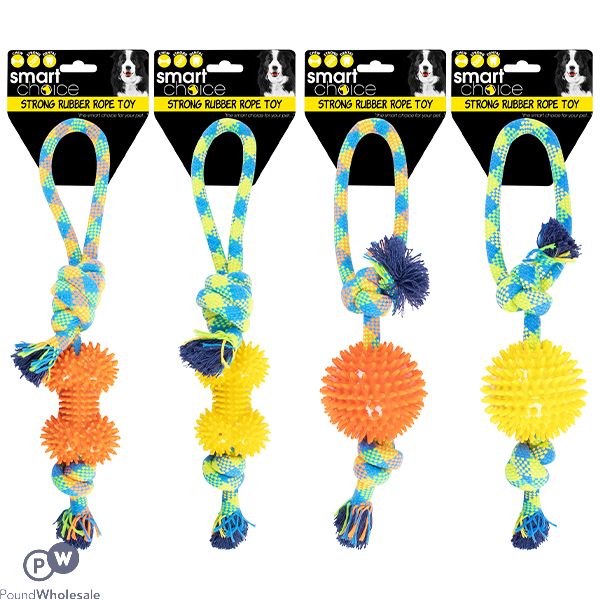 SMART CHOICE SPIKY RUBBER & ROPE TUG DOG TOY ASSORTED COLOURS